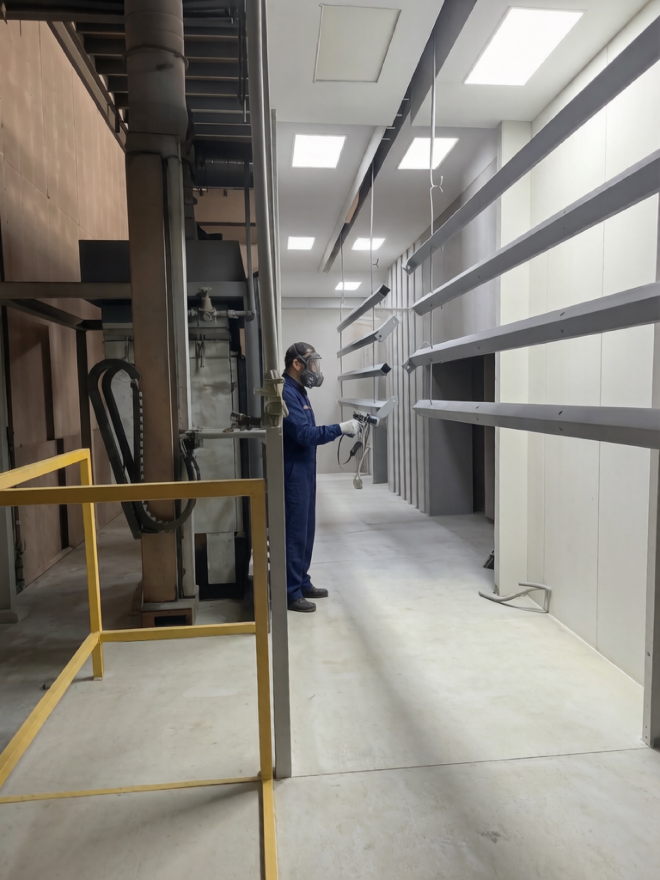 Powder coating line with coated parts hanging