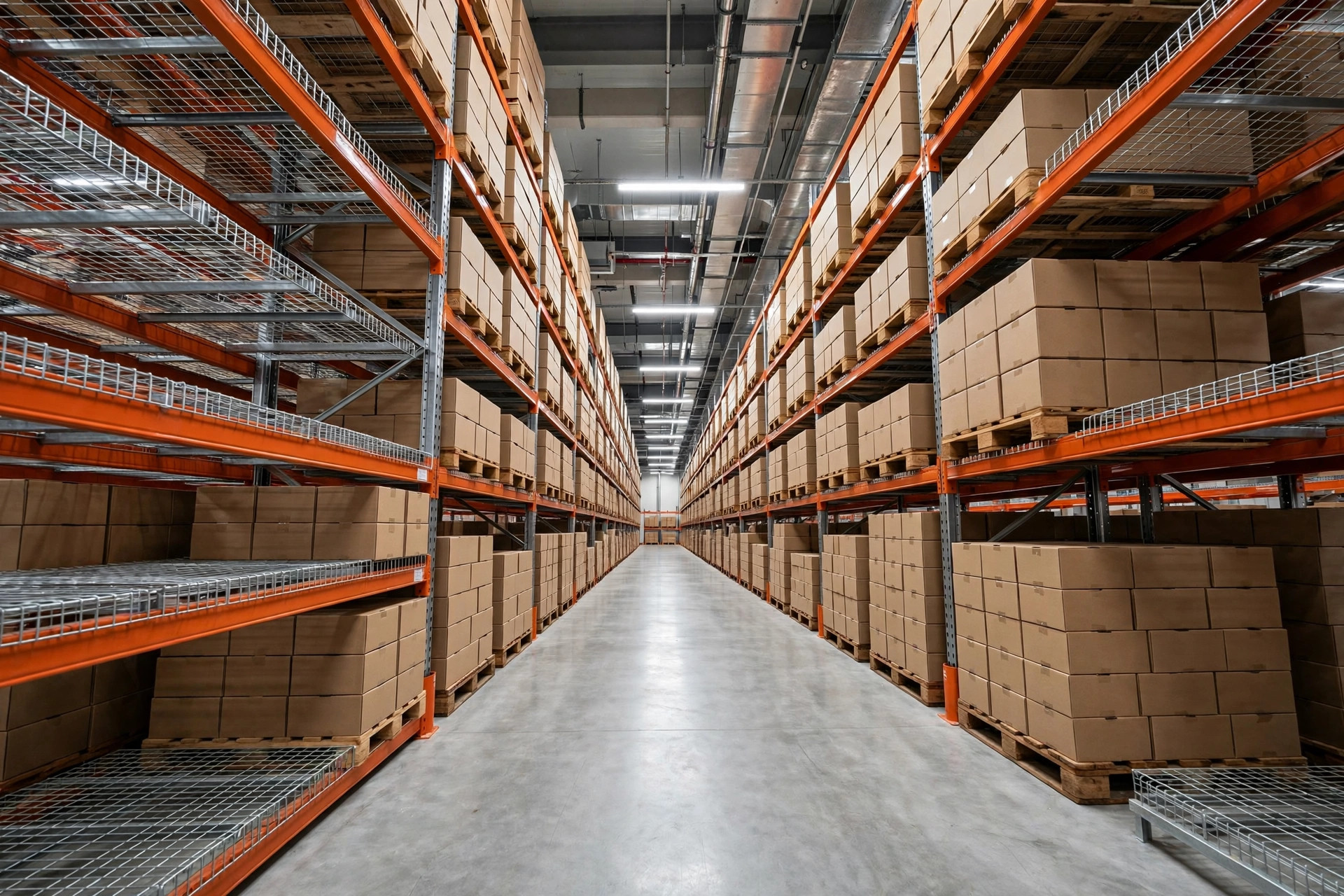 Wire decking installed on pallet racking in a warehouse