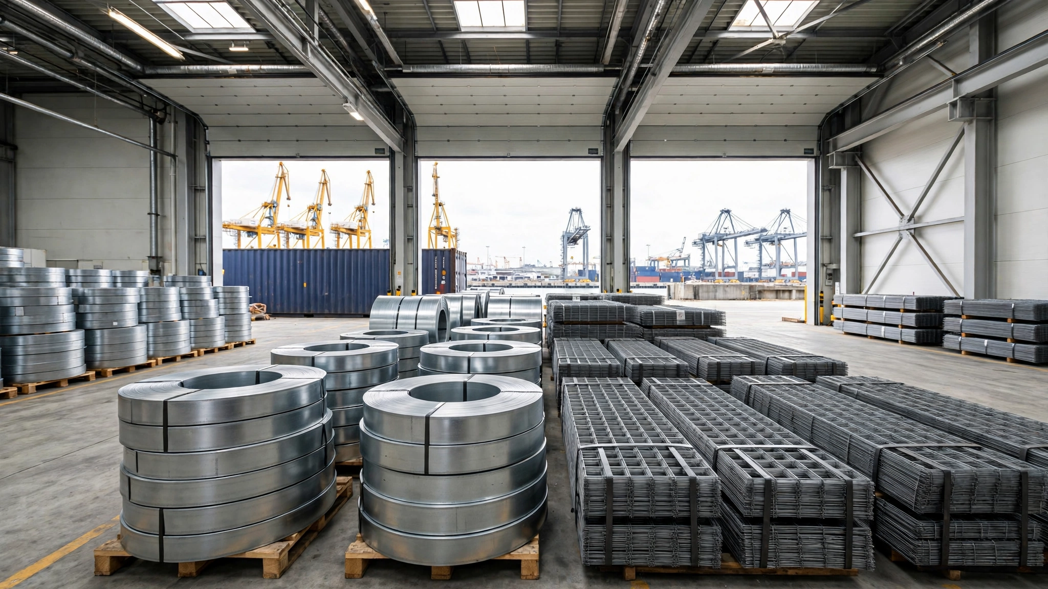 Galvanized steel coils and welded wire mesh panels staged for inspection in a seaport customs warehouse