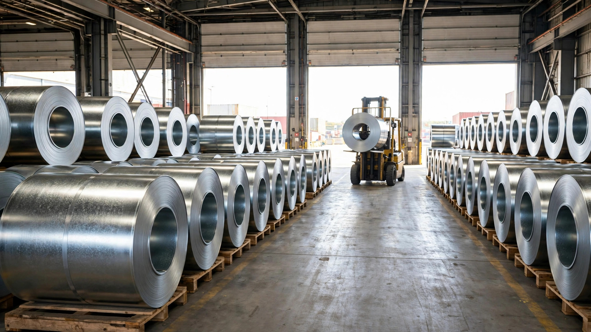 Galvanized steel coils stacked in an export logistics warehouse