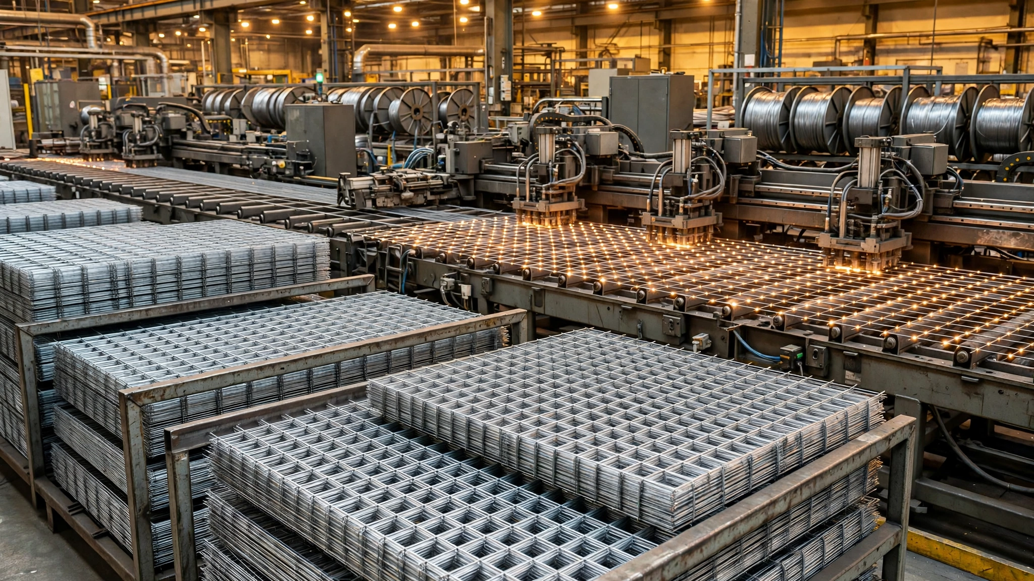 Welded wire mesh panels on an automated welding production line