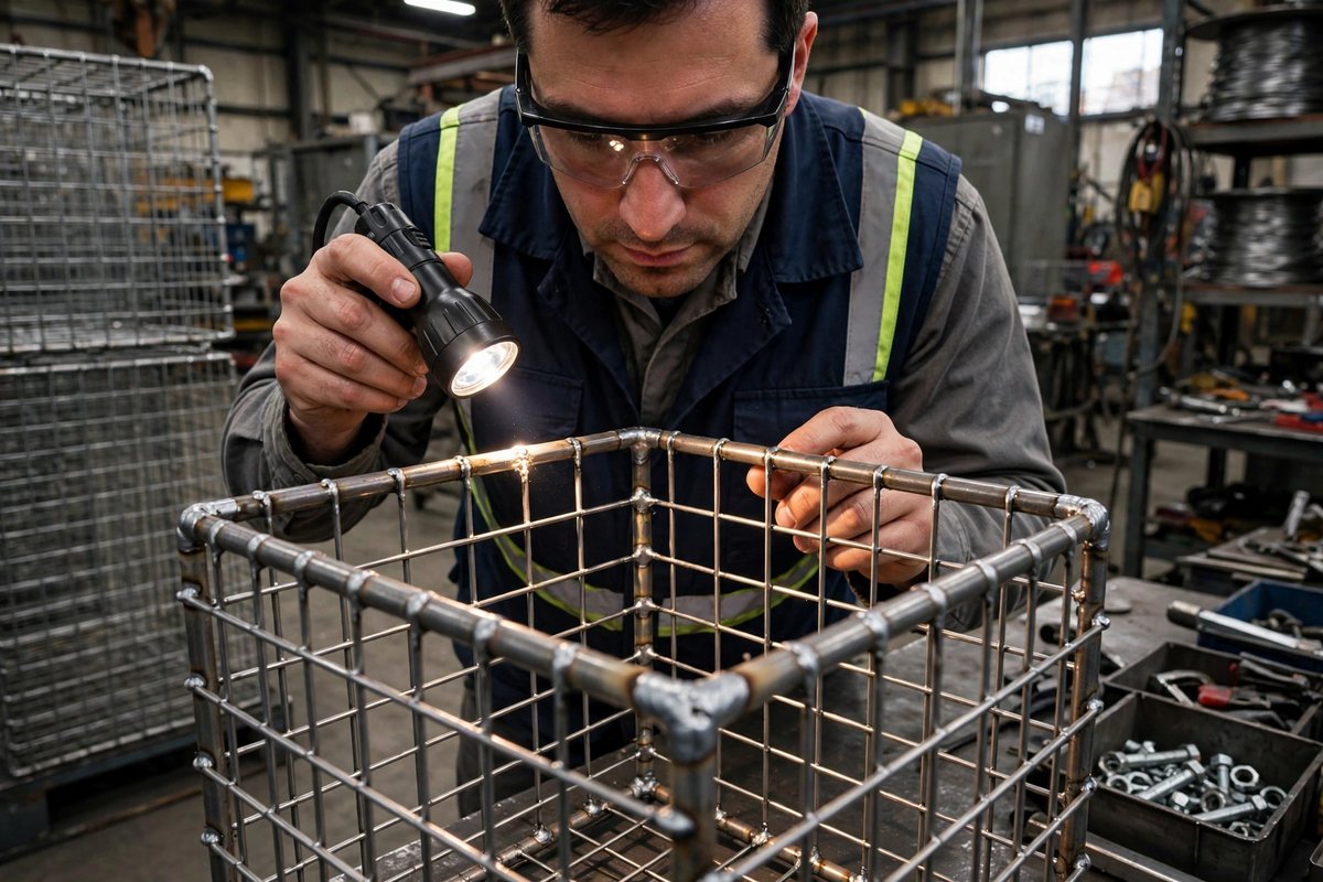 Inspector checking welds on a wire frame with an inspection lamp