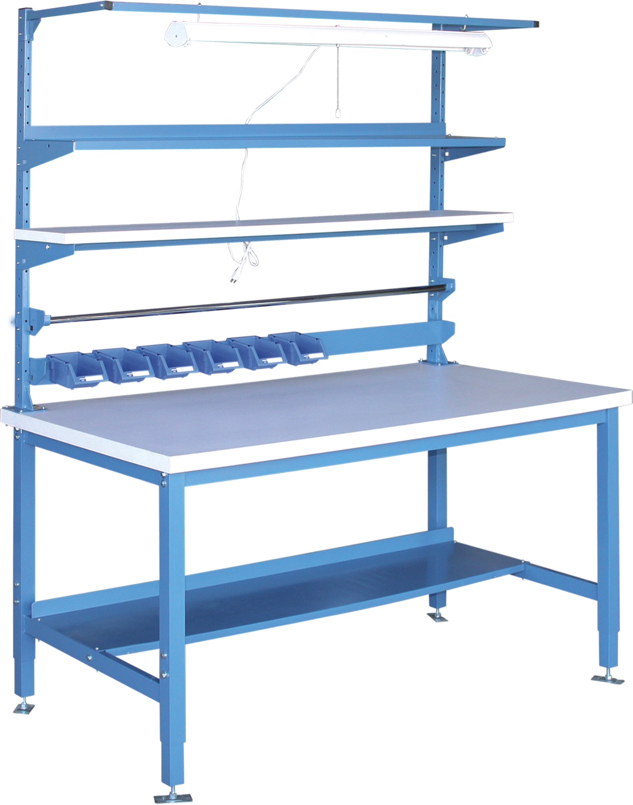 Premium ergonomic workbench with overhead light, shelves and parts bins